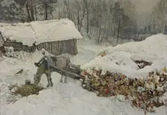 Alexander Nemtsov, Untitled, b.1953) A horse and cart in the snow by a barn oil on cardboard 56.5 x 81cm