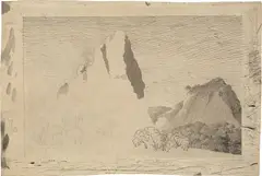 Caspar David Friedrich, Landschaft mit Felsgipfel, Um 1799, Feder in Schwarz, laviert, und Bleistift auf chamoisfarbenem Velin (Wasserzeichen: W Elgar 1796)