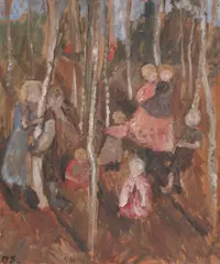 Kinder im Birkenhain by Paula Modersohn-Becker, 1905, Öl auf Pappe auf Karton, sold Jun 2023
