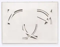 Gordon Matta-Clark, Circle Grid Overlay, 1977, Cut Drawing: Bleistift auf Papierstapel, geschnitten, in Acrylglasbox
