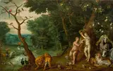 Paradieslandschaft mit dem Sündenfall by Jan Brueghel d.J. und Frans Wouters, 1634, Öl auf Eichenholz, sold Jul 2015