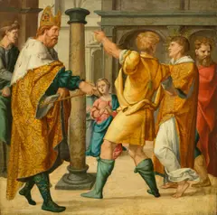 Bartholomäus Bruyn d.Ä., Drei Tafeln vom Cyriacus-Altar aus St. Kunibert in Köln: 1.) Papst Marcellus weiht Cyriacus zum Diakon (linker Flügel, Innenseite, links oben) 2.) Der hl. Cyriacus wird in den Kerker geführt (Mittelta, Öl auf Holz