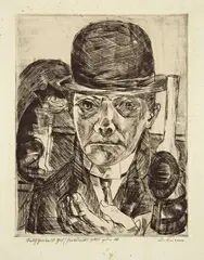 Max Beckmann, Selbstbildnis mit steifem Hut, 1921, Kaltnadel auf Bütten