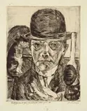 Max Beckmann, Selbstbildnis mit steifem Hut, 1921, Kaltnadel auf Bütten