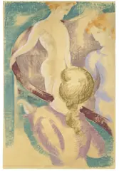 Oskar Schlemmer, Drei Figuren am Geländer, 1930, Farbkreiden auf bräunlichem Transparentpapier