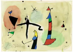 Joan Miró, Personnages et oiseaux dans la nuit, 1977, Aquarell, Deckfarbe und Tuschpinsel auf leicht genarbtem Karton
