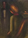 Oskar Schlemmer, Sitzende und zwei Figuren“ („Blaue Treppe“), 1936, Öl auf Ölpapier, vom Künstler auf einen Karton (Bauhaus-Unterrichtstafel) aufgezogen
