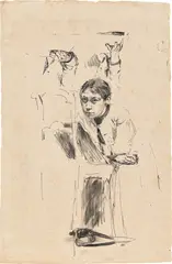 Käthe Kollwitz, Selbstbildnis, vor einem Stuhl kniend, Um 1891, Tuschfeder und -pinsel auf Bütten (Wasserzeichen: GC)