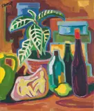 Karl Schmidt-Rottluff, Stilleben mit Flaschen und Blattpflanze
