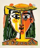 Portrait de Femme au chapeau à pompons et au corsage imprimé by Pablo Picasso, 1962, Farblinolschnitt auf Arches-Velin, sold Nov 2012