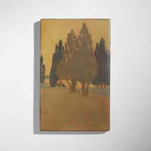 Rare scenic tile by Arthur Eugene Baggs for Marblehead Pottery, 1908-20, glazed earthenware, sold Apr 2024