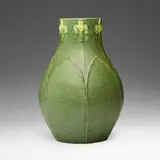 Fine and Large vase with irises by Ruth Erickson for Grueby Faience Company, 1899-1910, glazed earthenware, sold Apr 2024
