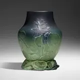 Rare Modeled Mat table lamp base with water hyacinths by Kataro Shirayamadani for Rookwood Pottery, 1903, glazed earthenware, sold Apr 2024