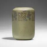 Rare vase with conventionalized grapevines by Arthur Baggs and Sarah Tutt for Marblehead Pottery, 1908-16, glazed earthenware, sold Apr 2024