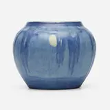 Scenic vase with live oaks, Spanish moss, and full moon by Sadie Irvine for Newcomb College Pottery, 1932, glazed earthenware, sold Apr 2024