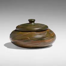 Redlands Pottery, Rare covered vessel with sharks, burnished earthenware