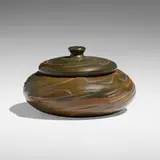 Redlands Pottery, Rare covered vessel with sharks, burnished earthenware