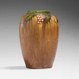 Fine vase with holly clusters by Frederick Hurten Rhead for Arequipa Pottery, 1912, glazed squeezebag-decorated earthenware, sold Apr 2024