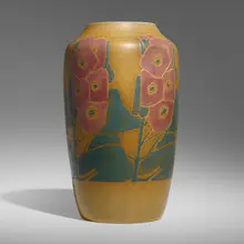 Elizabeth and Mary Frances Overbeck for Overbeck Pottery, Important vase with conventionalized hollyhocks, c. 1915, glazed earthenware