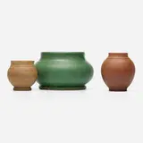 Collection of three cabinet vases by Alberhill Pottery and Roblin Pottery, c. 1910, bisque and glazed earthenware, sold Apr 2024