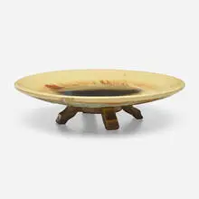 Footed bowl by Fulper Pottery, 1909-17, Mustard Matte Flambé-glazed stoneware, sold Apr 2024