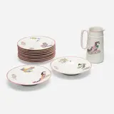 Twelve tablewares from the Service figures et accessoires japonais by Félix Bracquemond for Haviland & Co., c. 1875, glazed, hand-decorated, and transfer-printed porcelain, sold Apr 2024