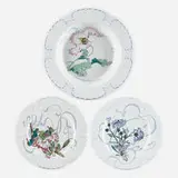 Bowl and two plates from the Service fleurs et rubans by Félix Bracquemond for Haviland & Co., 1879, glazed, hand-decorated, and transfer-printed faience, sold Apr 2024