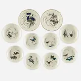 Ten plates from the Service fleurs et rubans by Félix Bracquemond for Haviland & Co., 1879, glazed, hand-decorated, transfer-printed and gilt porcelain, sold Apr 2024