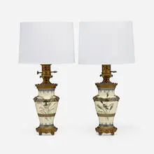 Albert Dammouse, Japonesque lamp bases with song birds, pair, c. 1890, glazed and gilt porcelain, brass