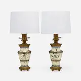 Albert Dammouse, Japonesque lamp bases with song birds, pair, c. 1890, glazed and gilt porcelain, brass