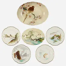 Henri Lambert, Collection of six Japonesque tablewares, c. 1873, glazed, hand-decorated and gilt faience