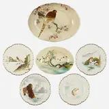 Henri Lambert, Collection of six Japonesque tablewares, c. 1873, glazed, hand-decorated and gilt faience
