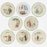 Milliet Edouard Rischgitz for Lebeuf & Cie, Collection of eight Japonesque plates, c. 1870, hand-decorated faience