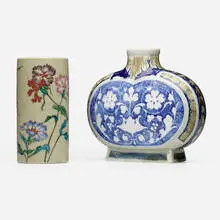 Théodore Deck, Japonesque vases, set of two, glazed and hand-decorated porcelain, glazed porcelain