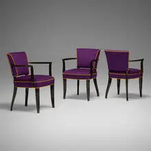 Eugène Printz, armchairs, set of three, c. 1935, Loro Piana upholstery, lacquered wood