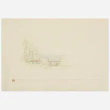 Presentation drawing for the Chahroudi Cottage, Mahopac, New York by Frank Lloyd Wright, 1951, pencil and colored pencil on paper, sold Jun 2019