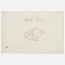 Elevation and Plan for the Chahroudi Cottage, Mahopac, New York by Frank Lloyd Wright, 1951, pencil and colored pencil on paper, sold Jun 2019