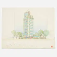 Presentation drawing for Price Tower, Bartlesville, Oklahoma by Frank Lloyd Wright, 1952, ink and colored pencil on paper, sold Jun 2019