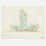 Frank Lloyd Wright, Presentation drawing for Price Tower, Bartlesville, Oklahoma, 1952, ink and colored pencil on paper
