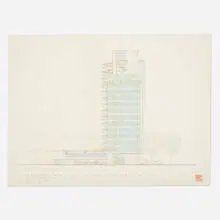 Northwestern Elevation drawing for Price Tower, Bartlesville, Oklahoma by Frank Lloyd Wright, 1952, ink and colored pencil on paper, sold Jun 2019