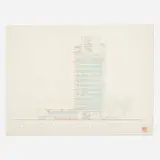 Frank Lloyd Wright, Northwestern Elevation drawing for Price Tower, Bartlesville, Oklahoma, 1952, ink and colored pencil on paper