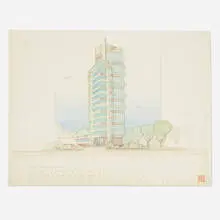 Presentation drawing for Price Tower, Bartlesville, Oklahoma by Frank Lloyd Wright, 1952, ink and colored pencil on paper, sold Jun 2019