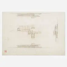 Elevation for the John D. Haynes House, Fort Wayne, Indiana by Frank Lloyd Wright, 1950, pencil and colored pencil on tracing paper, sold Jun 2019