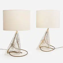 table lamps, pair by Zahara Schatz, c. 1948, Plexiglas, brass, copper, silver wire, paper, sold Jun 2019