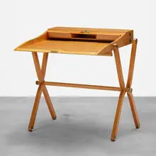 Pippa folding desk by Hermès, 1991, pearwood, leather, brass, sold Jun 2019