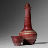 Loloma Pottery, stoppered bottle and cup, 1949, glazed earthenware, mahogany, cork