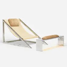 Archizoom Associati, Mies chair and ottoman, 1969, chrome-plated steel, rubber, cowhide