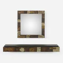 wall-mounted console, model PE 17 and mirror, model PE 18 by Paul Evans, c. 1970, welded and enameled steel, welded and enameled copper, slate, mirrored glass, sold Apr 2019