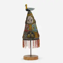 Oba's crown (adenla) by Yoruba, glass beads, cotton, sold Apr 2019