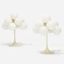 Swiss, table lamps, pair, c. 1960, enameled aluminum, frosted glass, enameled steel